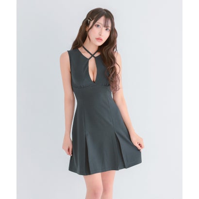 ティカ Tika キャバドレスミニドレス プチプラ ストレッチ ワンピース  ノースリーブ.  Aライン グレー  大きいサイズ ボックス プリーツ スカート （チャコールグレー）｜詳細画像