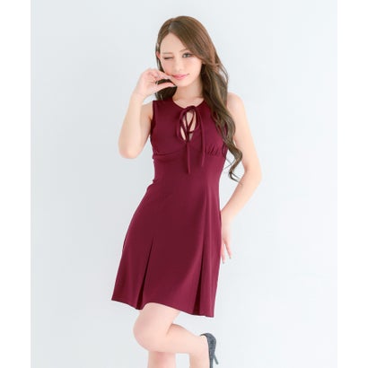 ティカ Tika キャバドレスミニドレス プチプラ ストレッチ ワンピース  ノースリーブ.  Aライン グレー  大きいサイズ ボックス プリーツ スカート （ワインレッド）｜詳細画像