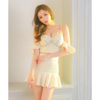 ティカ Tika キャバドレス ミニドレス セットアップ キャミソール 谷間 キラキラ ビジュー ワッフル素材 ストレッチ 裾フリル （クリーム）｜詳細画像