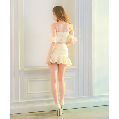 ティカ Tika キャバドレス ミニドレス セットアップ キャミソール 谷間 キラキラ ビジュー ワッフル素材 ストレッチ 裾フリル （クリーム）｜詳細画像