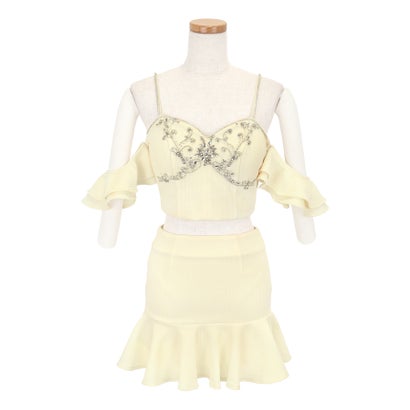 ティカ Tika キャバドレス ミニドレス セットアップ キャミソール 谷間 キラキラ ビジュー ワッフル素材 ストレッチ 裾フリル （クリーム）｜詳細画像