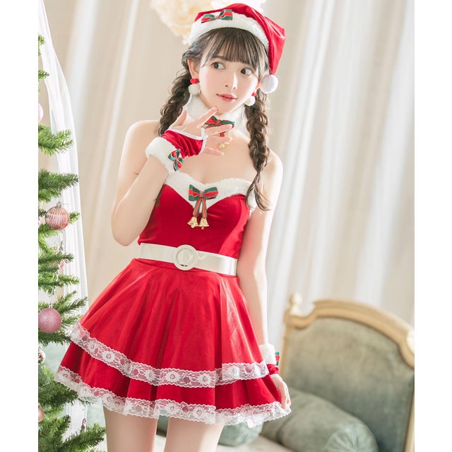 クリスマスコスプレベアトップチュールレイヤードフレアワンピースサンタコスチューム6点セット【返品不可商品】（レッド）