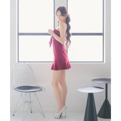 ティカ Tika キャバドレス ミニドレス タイト キャミソール ストレッチ リボン ビジュー 裾フリル （ワインレッド）｜詳細画像