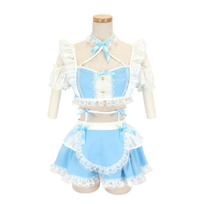 コスプレ メイド服 セクシー 5点セット へそ出し 肩出し セットアップ フリルカチューシャ リボン フリルフレアスカート ハロウィン （ブルー）｜詳細画像