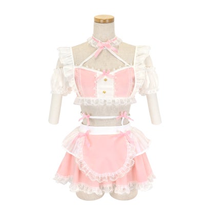 コスプレ メイド服 セクシー 5点セット へそ出し 肩出し セットアップ フリルカチューシャ リボン フリルフレアスカート ハロウィン （ピンク）｜詳細画像