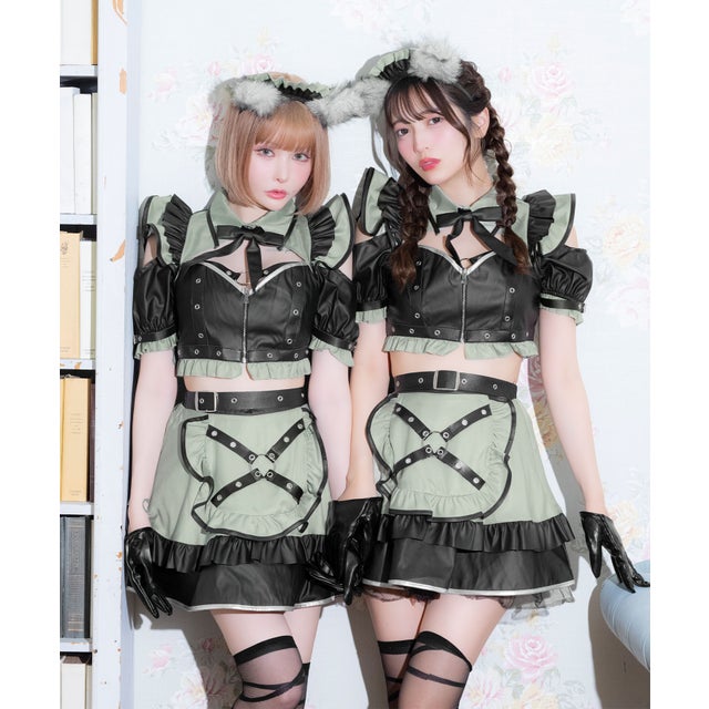 コスプレ 狼 ウルフ メイド 6点セット ガーリー へそ出し 肩出し セットアップ フリル フレアワンピース ハロウィン （ブラック）