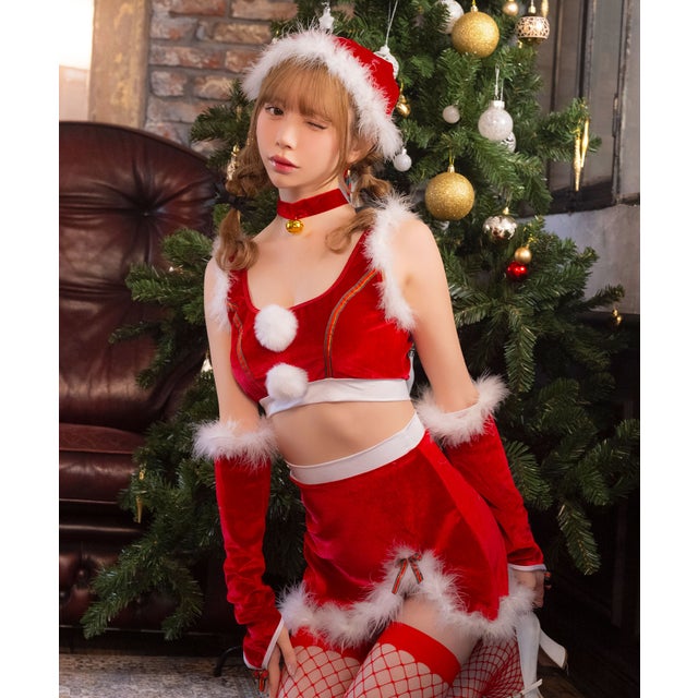 クリスマスコスプレノースリーブトップス×ミニスカートサンタコスチューム7点セット【返品不可商品】（レッド）