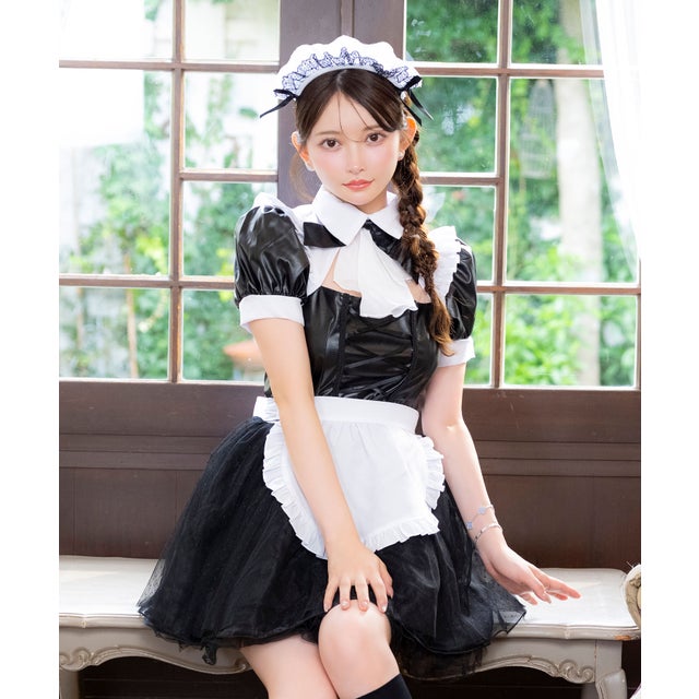 コスプレ メイド服 制服 ガーリー クラシカル 4点セット レザー ドットチュール フレアワンピース ハロウィン （ブラック）