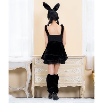 コスプレ バニーガール ふわふわ 5点セット セットアップ へそ出し チュールフリル 耳付きカチューシャ 尻尾付きミニスカート ハロウィン （ブラック）｜詳細画像