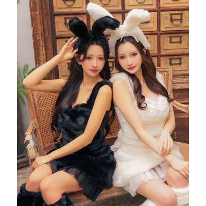 コスプレ バニーガール ふわふわ 5点セット セットアップ へそ出し チュールフリル 耳付きカチューシャ 尻尾付きミニスカート ハロウィン （ブラック）｜詳細画像