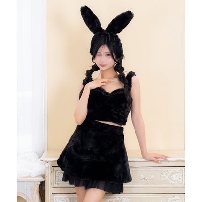 コスプレ バニーガール ふわふわ 5点セット セットアップ へそ出し チュールフリル 耳付きカチューシャ 尻尾付きミニスカート ハロウィン （ブラック）｜詳細画像
