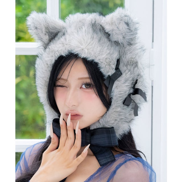 コスプレ 小物 被り物 猫 キャット ファー ふわふわ リボン ハロウィン （グレー）