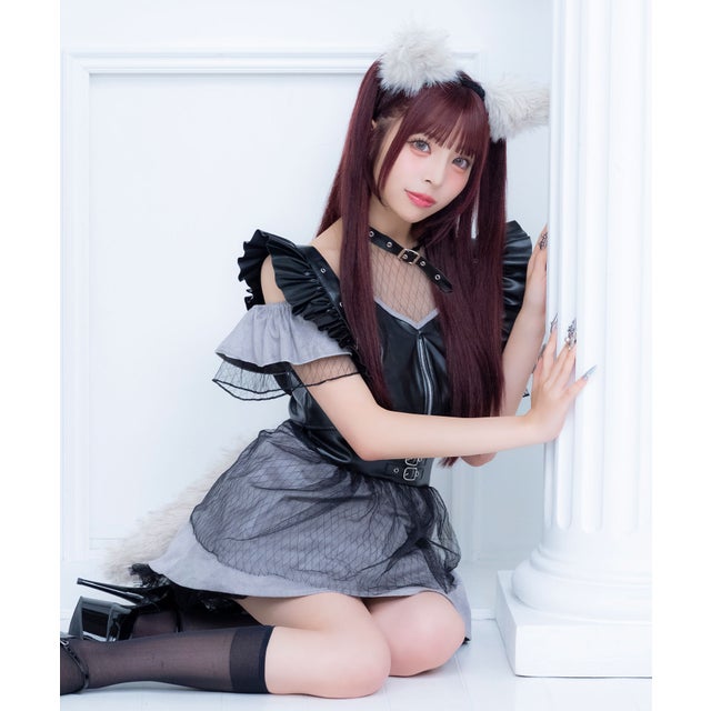 コスプレ オオカミ 4点セット メイド ウルフ もこもこ レザー フロントジップ ワイヤー入り尻尾 耳付きカチューシャ サスペンダースカート ハロウィン （ブラック）