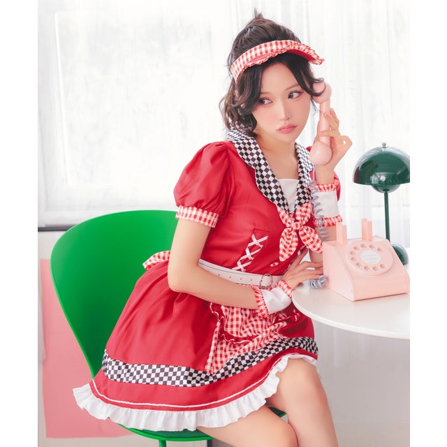 コスプレ ダイナー アメリカン 制服 仮装 4点セット ガーリー チェック柄 ベルト フレアミニワンピース サンバイザー ハロウィン （レッド）
