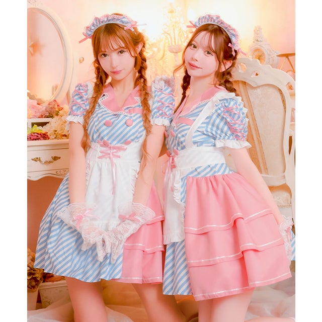 コスプレ ダイナー メイド 制服 仮装 4点セット ガーリー ストライプ柄 アシンメトリー フレアスカート ウェイトレス 襟あり 半袖 リボン ハロウィン （ライトブルー）