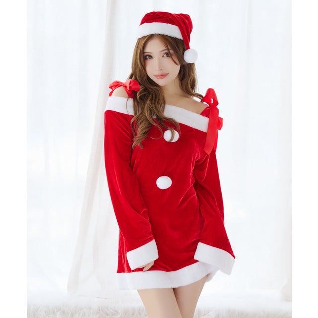 クリスマスコスプレ長袖オフショルダーAラインワンピースサンタコスチューム3点セット