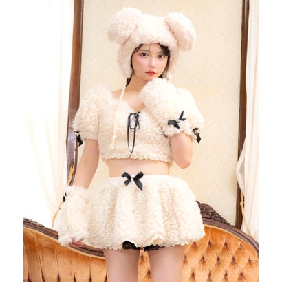 コスプレ アニマル テディーベア 可愛い もこもこ 5点セット リボン 帽子 くま ベア ハロウィン （クリーム）｜詳細画像