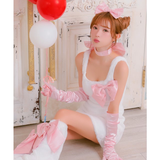 コスプレ アニマル 猫 可愛い 6点セット もこもこ ガーリー ワンピース シンプル リボン ハロウィン （ホワイト×ピンク）