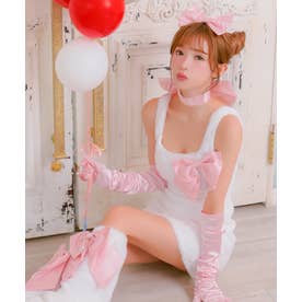 コスプレ アニマル 猫 可愛い 6点セット もこもこ ガーリー ワンピース シンプル リボン ハロウィン （ホワイト×ピンク）