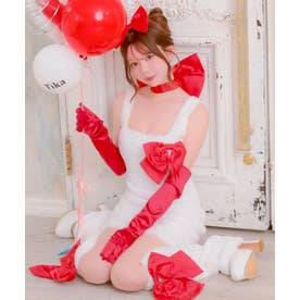 コスプレ アニマル 猫 可愛い 6点セット もこもこ ガーリー ワンピース シンプル リボン ハロウィン （ホワイト×レッド）