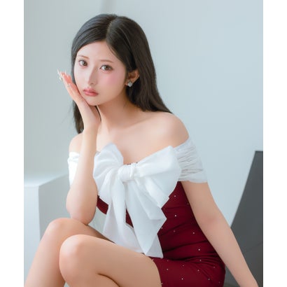 キャバドレス ミニドレス ワンピース タイトミニスカート オフショルダー シフォン リボン ドットビジュー ストレッチ （ワインレッド）｜詳細画像