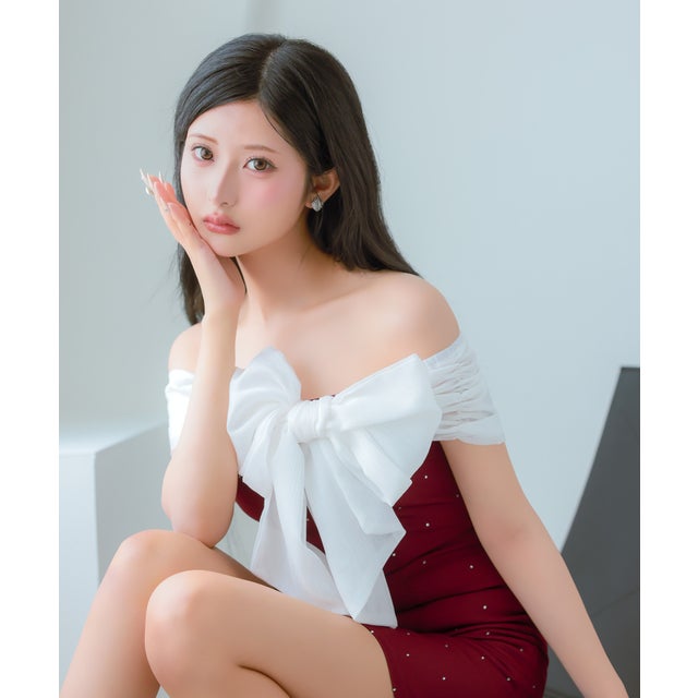 キャバドレス ミニドレス ワンピース タイトミニスカート オフショルダー シフォン リボン ドットビジュー ストレッチ （ワインレッド）