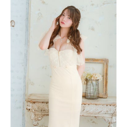 キャバドレス ロングドレス ワンピース マーメイドドレス ノースリーブ スリット ショルダーリボン レース ファスナー ウエストサイドベルト ストレッチ （アイボリー）｜詳細画像