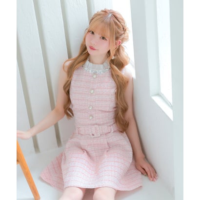 キャバドレス ミニドレス ワンピース ノースリーブ フレアミニスカート ツイード ハイネック ベルト パールボタン （ピンク）｜詳細画像