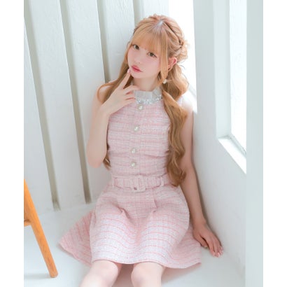 キャバドレス ミニドレス ワンピース ノースリーブ フレアミニスカート ツイード ハイネック ベルト パールボタン （ピンク）｜詳細画像