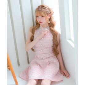 キャバドレス ミニドレス ワンピース ノースリーブ フレアミニスカート ツイード ハイネック ベルト パールボタン （ピンク）