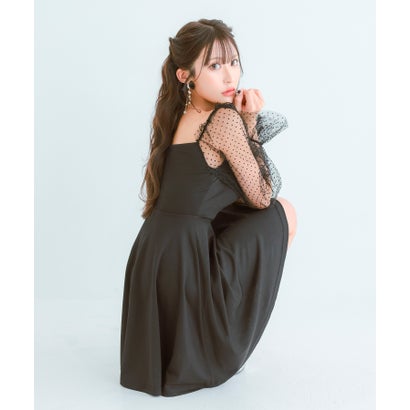 キャバドレス ミニドレス プチプラ ワンピース ドットシースルー 長袖 背中空き ストレッチ V字カット フレアスカート （ブラック）｜詳細画像