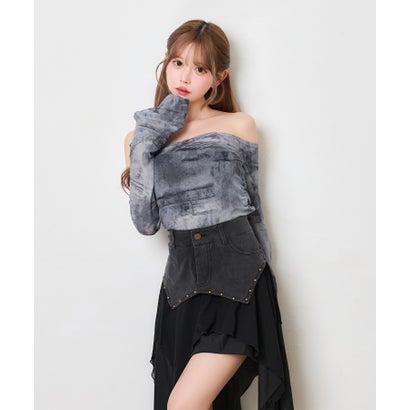 ティカ Tika ニュアンス柄 シアー 長袖 オフショルダー 可愛い ガーリー デコルテ魅せ チューブトップス セットアップ （ブルーグレー×ブラック）｜詳細画像