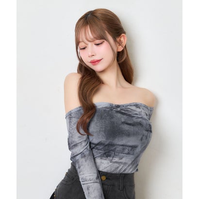 ティカ Tika ニュアンス柄 シアー 長袖 オフショルダー 可愛い ガーリー デコルテ魅せ チューブトップス セットアップ （ブルーグレー×ブラック）｜詳細画像