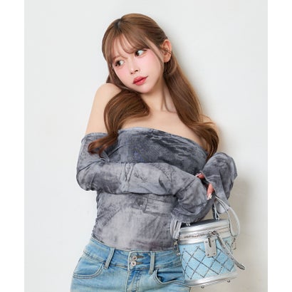 ティカ Tika ニュアンス柄 シアー 長袖 オフショルダー 可愛い ガーリー デコルテ魅せ チューブトップス セットアップ （ブルーグレー×ブラック）｜詳細画像