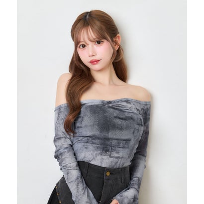 ティカ Tika ニュアンス柄 シアー 長袖 オフショルダー 可愛い ガーリー デコルテ魅せ チューブトップス セットアップ （ブルーグレー×ブラック）｜詳細画像