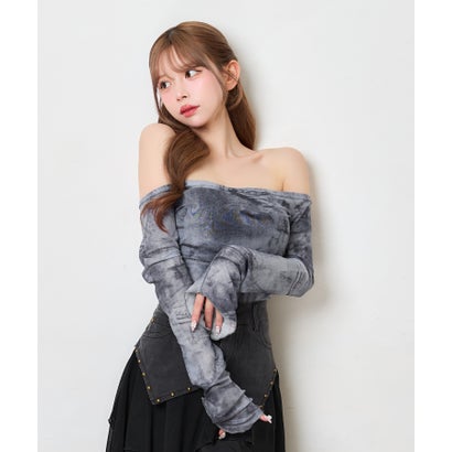ティカ Tika ニュアンス柄 シアー 長袖 オフショルダー 可愛い ガーリー デコルテ魅せ チューブトップス セットアップ （ブルーグレー×ブラック）｜詳細画像