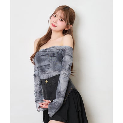 ティカ Tika ニュアンス柄 シアー 長袖 オフショルダー 可愛い ガーリー デコルテ魅せ チューブトップス セットアップ （ブルーグレー×ブラック）｜詳細画像