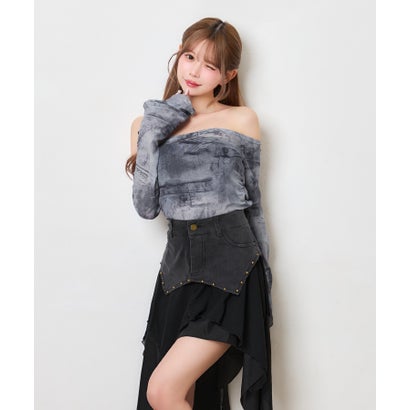 ティカ Tika ニュアンス柄 シアー 長袖 オフショルダー 可愛い ガーリー デコルテ魅せ チューブトップス セットアップ （ブルーグレー×ブラック）｜詳細画像