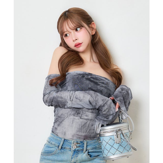 ニュアンス柄 シアー 長袖 オフショルダー 可愛い ガーリー デコルテ魅せ チューブトップス セットアップ （ブルーグレー×ブラック）