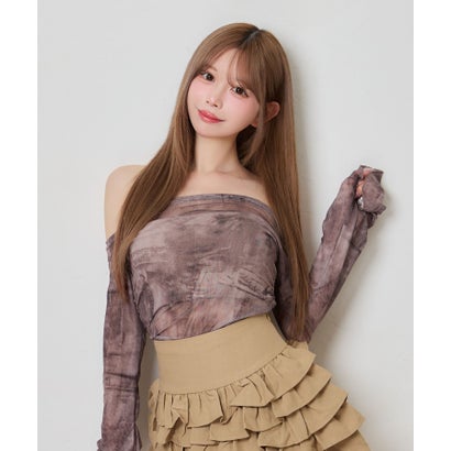 ティカ Tika ニュアンス柄 シアー 長袖 オフショルダー 可愛い ガーリー デコルテ魅せ チューブトップス セットアップ （ブラウン×モカ）｜詳細画像