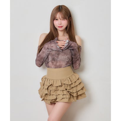 ティカ Tika ニュアンス柄 シアー 長袖 オフショルダー 可愛い ガーリー デコルテ魅せ チューブトップス セットアップ （ブラウン×モカ）｜詳細画像