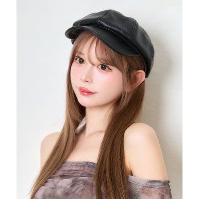 フェイクレザー シンプル 丸み 可愛い ガーリー ギャザーキャスケット （ブラック）｜詳細画像