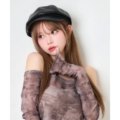フェイクレザー シンプル 丸み 可愛い ガーリー ギャザーキャスケット （ブラック）｜詳細画像
