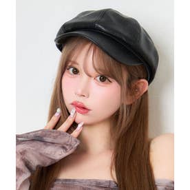 フェイクレザー シンプル 丸み 可愛い ガーリー ギャザーキャスケット （ブラック）