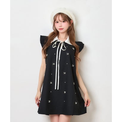 ティカ Tika ノースリーブ 二の腕カバー 可愛い ビジュー フラワー 紐タイリボン 襟付き シンプル ガーリー Aラインフレアミニワンピース （ブラック）｜詳細画像
