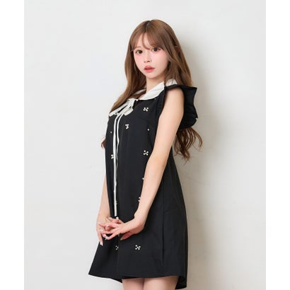 ティカ Tika ノースリーブ 二の腕カバー 可愛い ビジュー フラワー 紐タイリボン 襟付き シンプル ガーリー Aラインフレアミニワンピース （ブラック）｜詳細画像