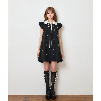 ティカ Tika ノースリーブ 二の腕カバー 可愛い ビジュー フラワー 紐タイリボン 襟付き シンプル ガーリー Aラインフレアミニワンピース （ブラック）｜詳細画像