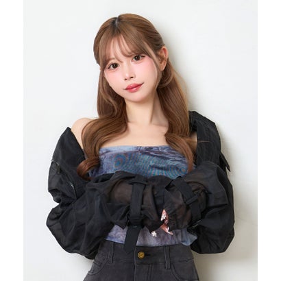 ティカ Tika シアー生地 ベルト ジップ 可愛い ガーリー スポーティー クロップド ショートブルゾン （ブラック）｜詳細画像