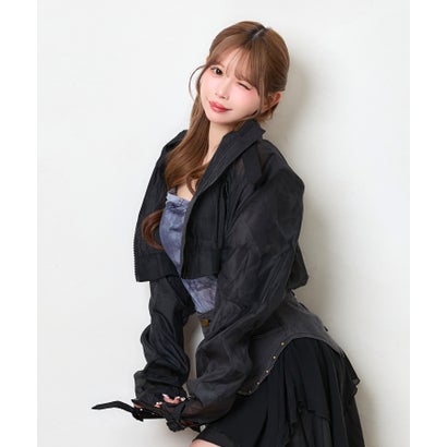 ティカ Tika シアー生地 ベルト ジップ 可愛い ガーリー スポーティー クロップド ショートブルゾン （ブラック）｜詳細画像