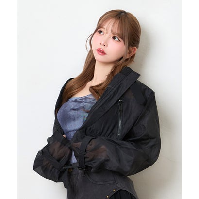 ティカ Tika シアー生地 ベルト ジップ 可愛い ガーリー スポーティー クロップド ショートブルゾン （ブラック）｜詳細画像